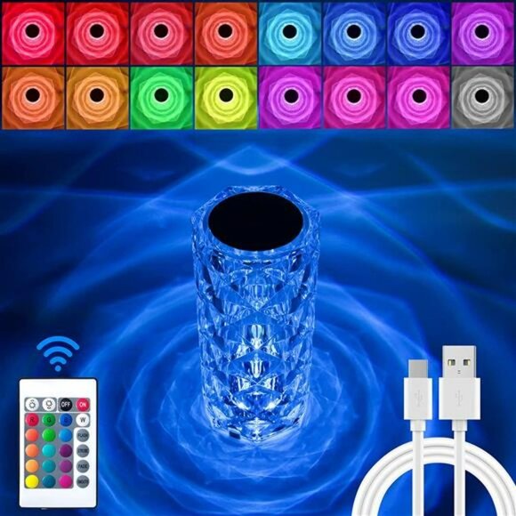Crystal Table Lamp, Rose Lamp with Touch Remote Control, 16 Color Changing - Picture 1 of 6